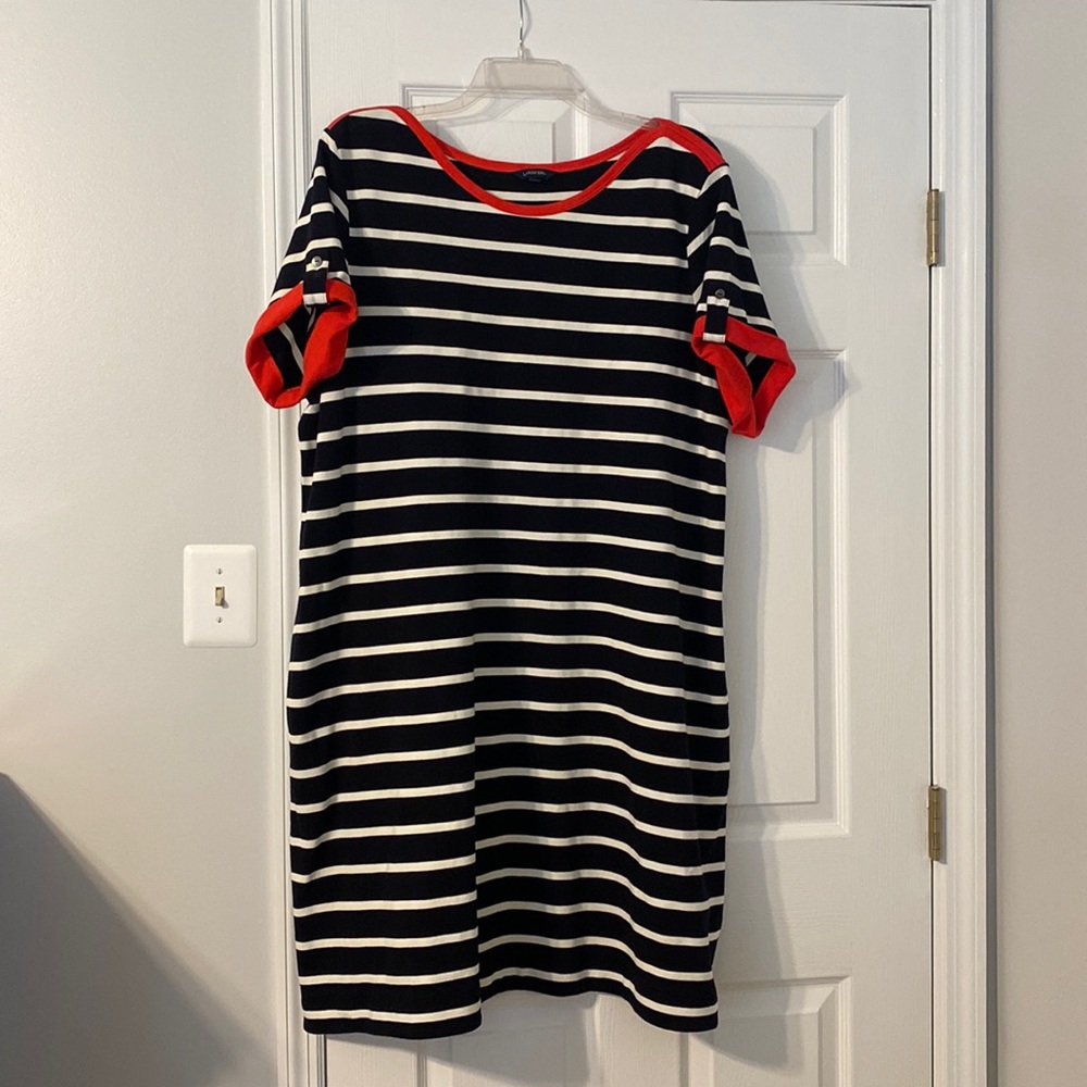 Black and white stripper dress with red trim and pockets